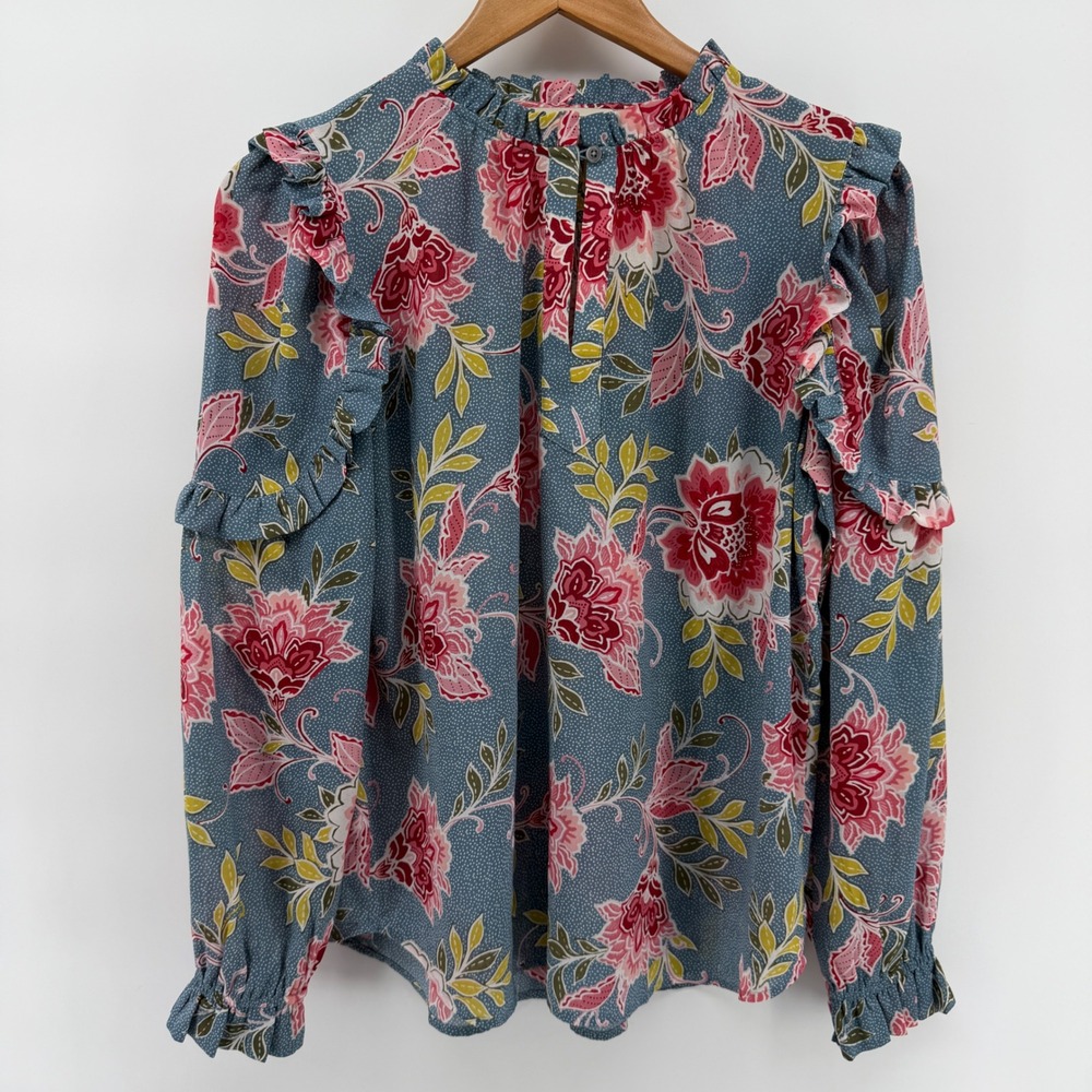 LOFT Blue Pink Floral Polka Dot Ruffle Neck Blouse XS Long Sleeve Top